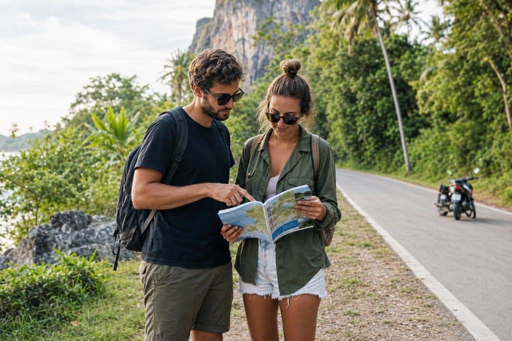 Couple reading a map beside a rented motorbike on a scenic road in Krabi with limestone cliffs in the background