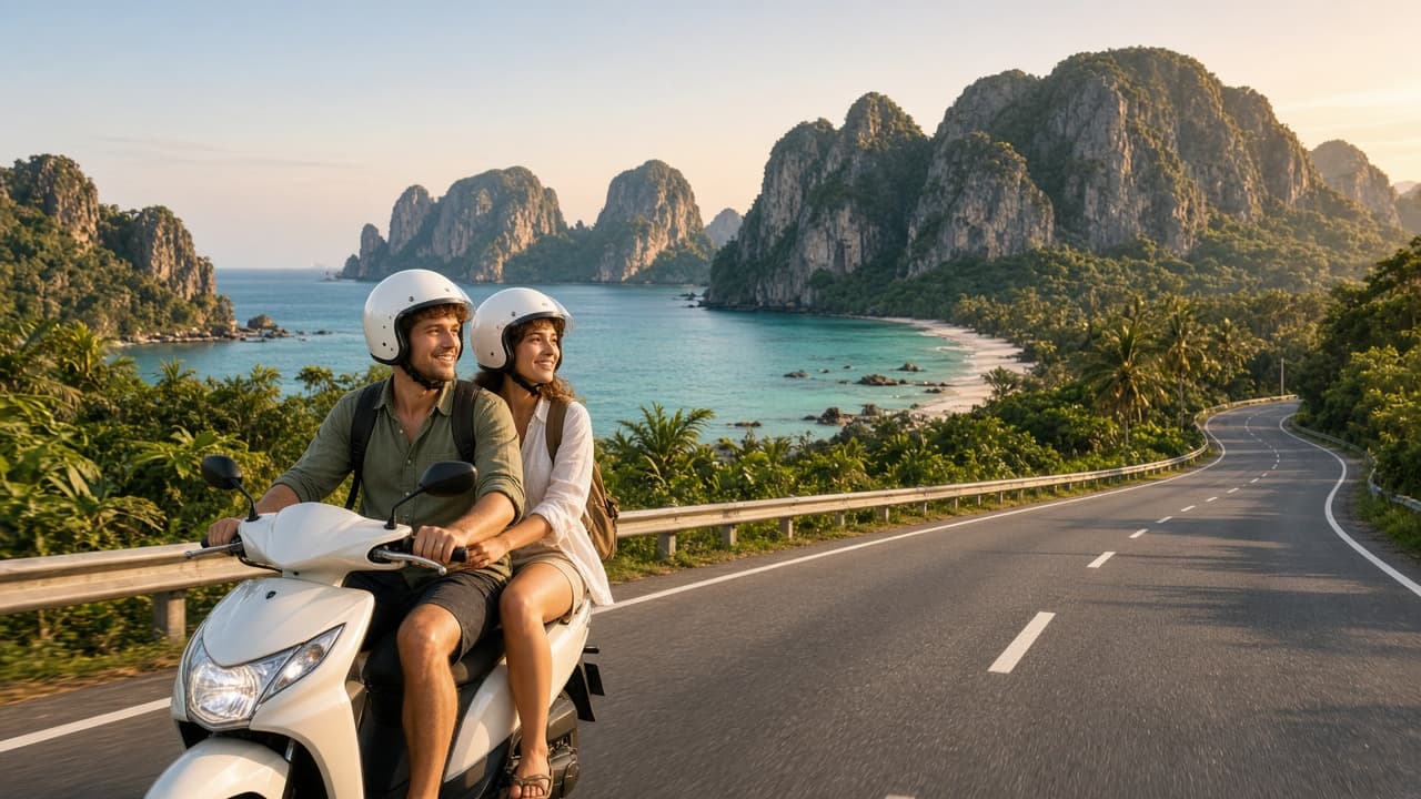 Couple reading a map beside a rented motorbike on a scenic road in Krabi with limestone cliffs in the background