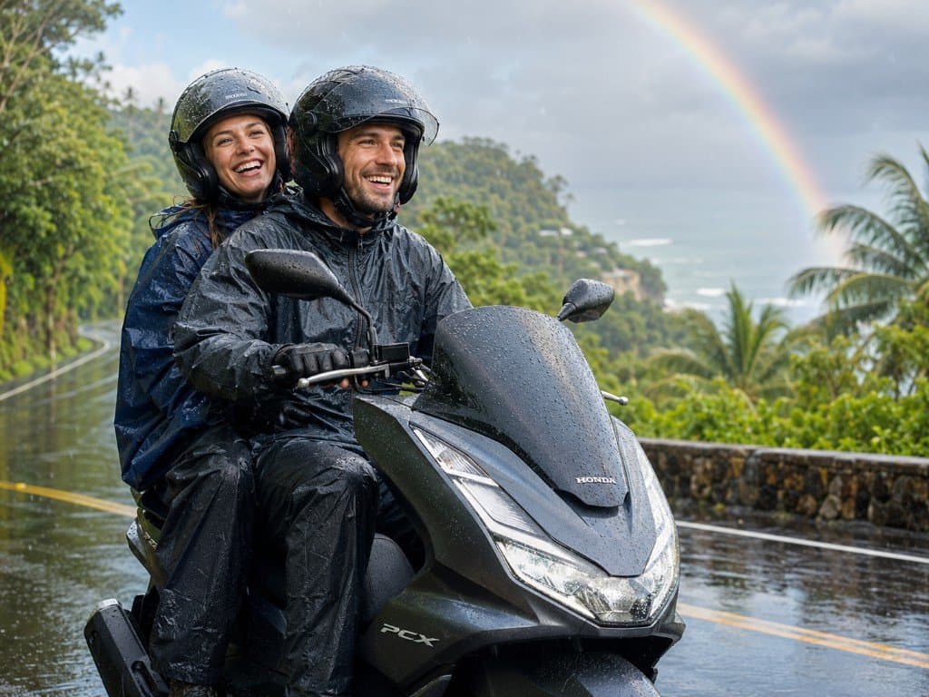 Couple riding a Honda PCX scooter in light rain on a coastal Krabi road with a rainbow over the Andaman Sea