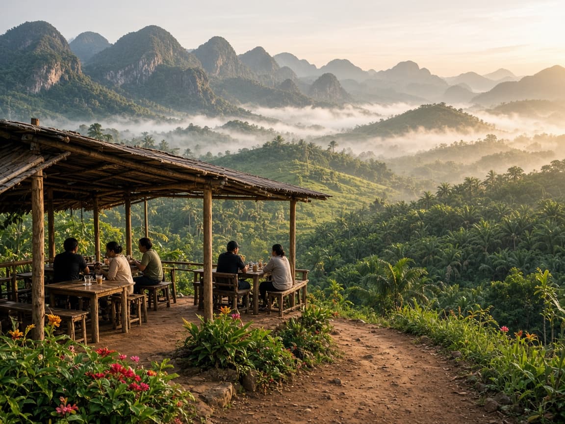 Hilltop restaurant at Kuan Nom Saow overlooking palm plantations and inland limestone mountains in Khao Thong, Krabi