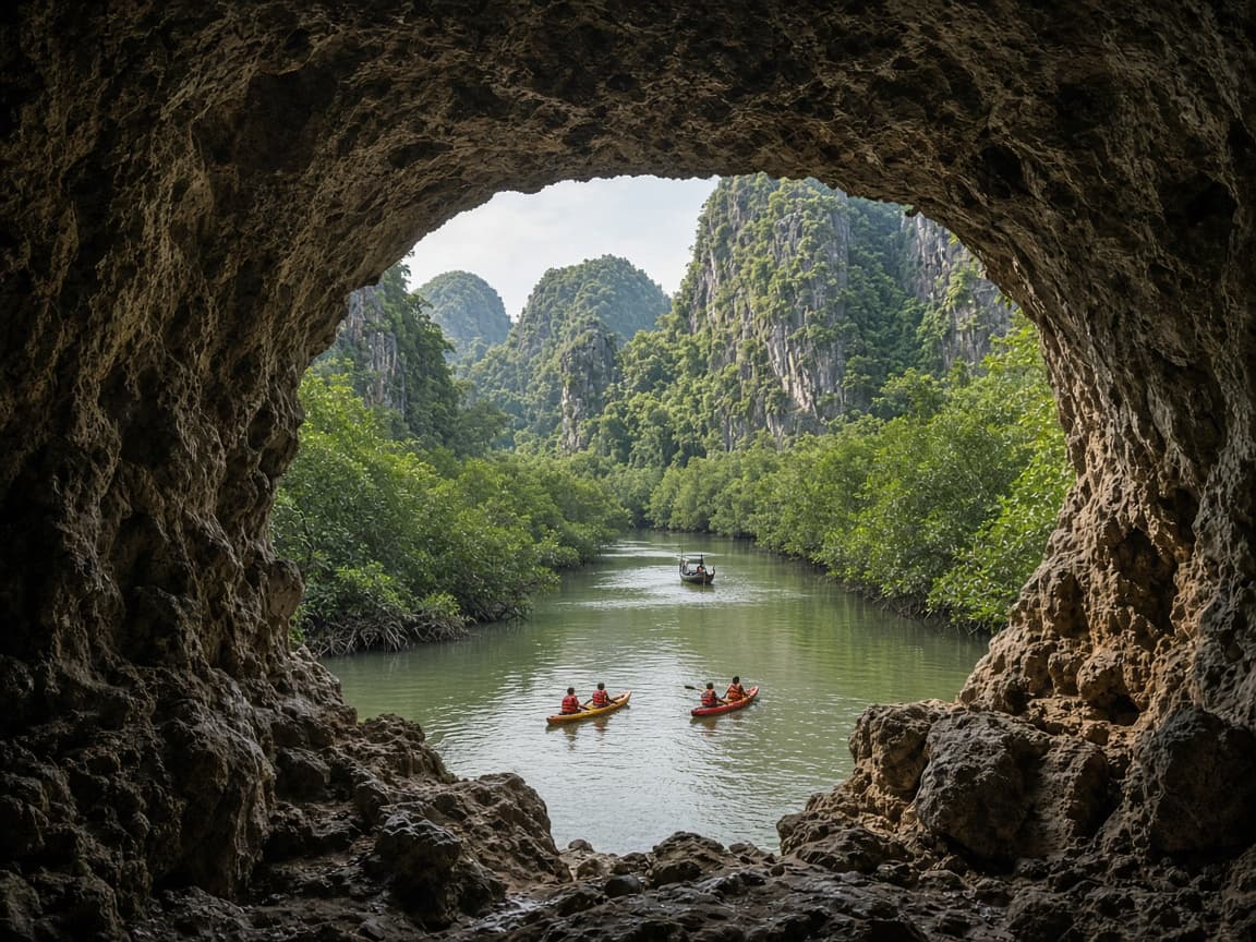 View through the limestone Window Cave of Ancient Cavemen toward mangroves near Khao Garos, Ao Luek, Krabi