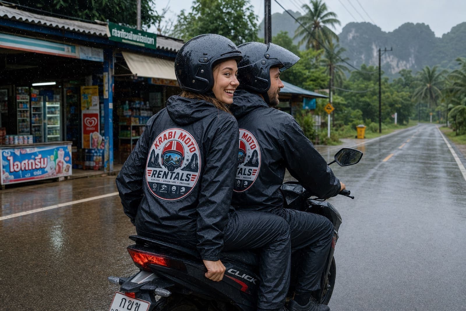 Couple riding a scooter in light rain wearing branded two-piece rain gear on a rural Krabi road