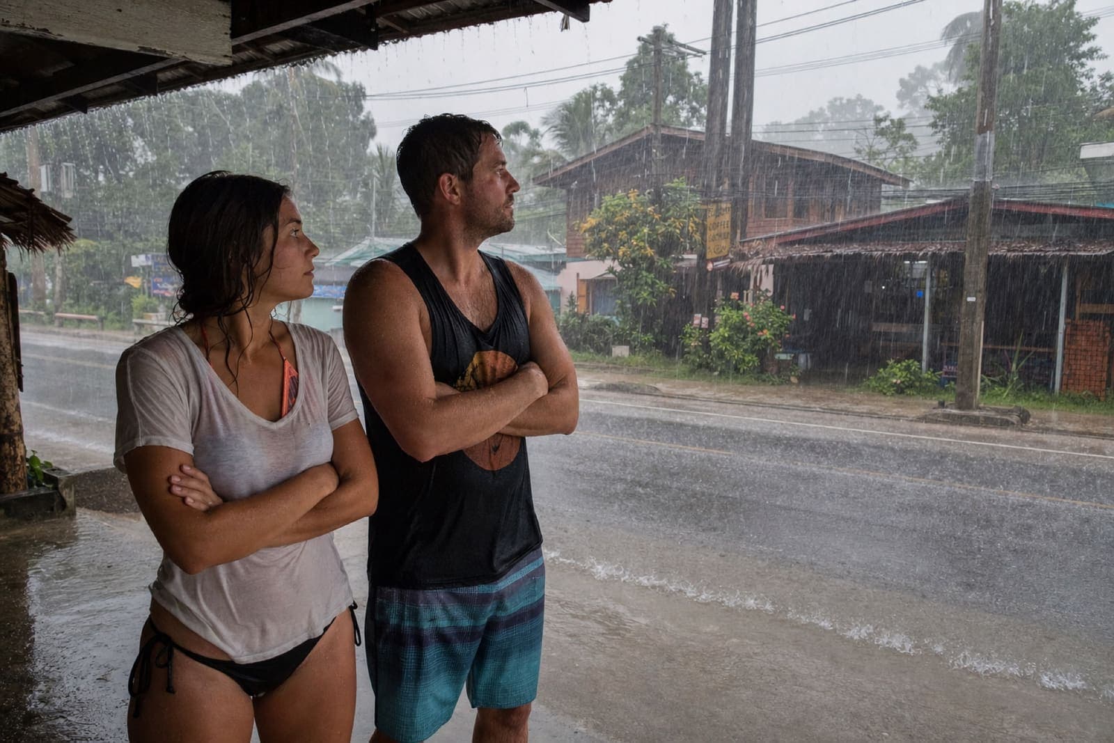 Two wet holidaymakers sheltering under a roof during a heavy tropical downpour
